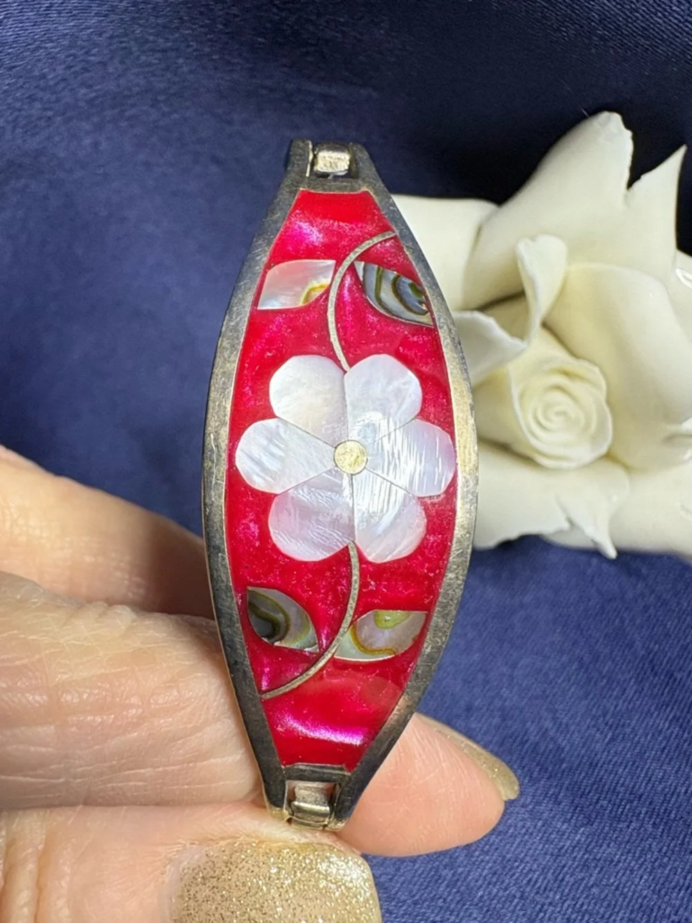 Bracelet Alpaca Mother-of-Pearl Inlay Floral Vine Design Mexico